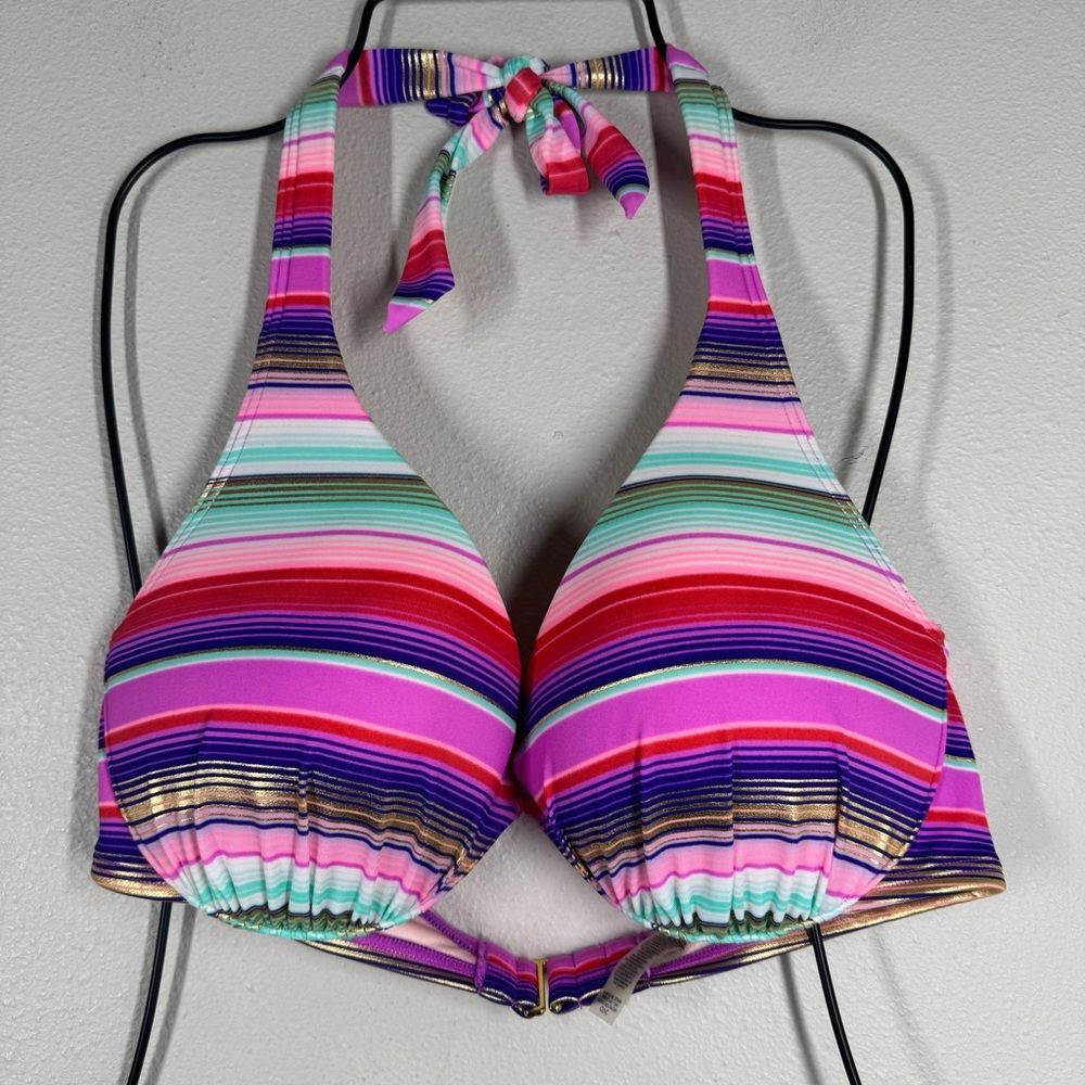 Victoria’s Secret Purple Rainbow Stripe Plunge Push Up Swimsuit Bikini Top 36D